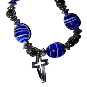 Blue Beaded Bracelet with Cross Charm